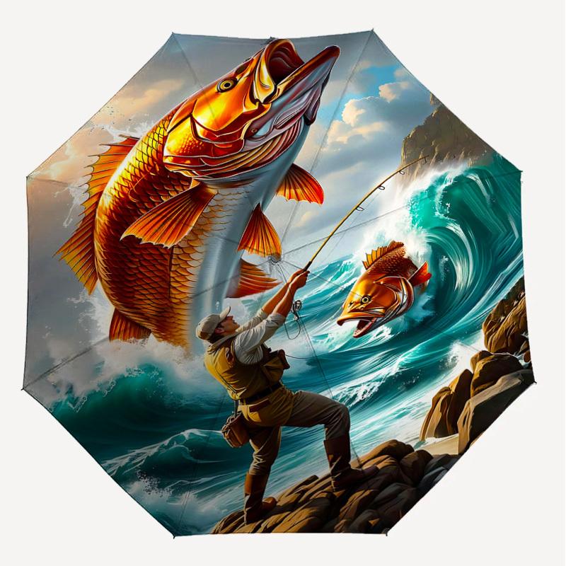 1PC Fisherman Giant Fish Automatic Open/Close Umbrella with Windproof, 8-Rib Sturdy Canopy, Durable Ribs, Fashionable Design, Outdoor Accessory, Fun P