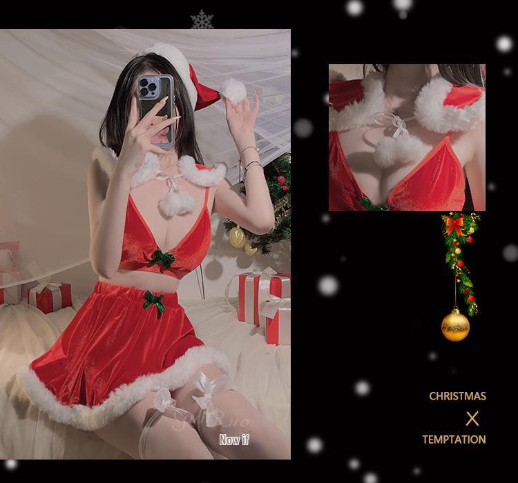 Gorgeous Velvet Lingerie: Sexy Three-Piece Bra, Short Skirt, & Christmas Naughty Set