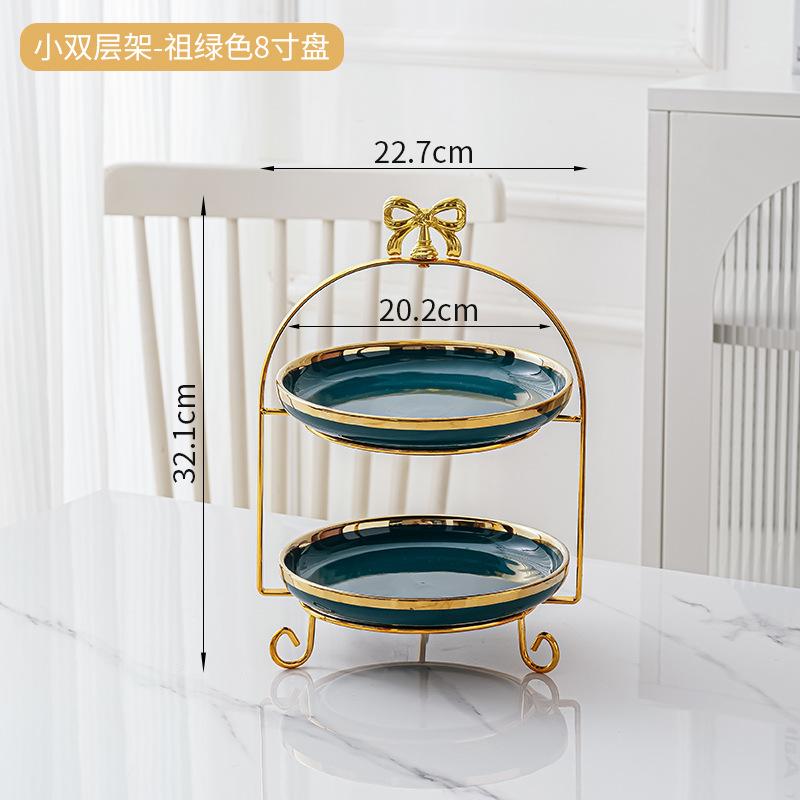 Golden Edged Double-layer Ceramic Tray, Cake Rack, Snack, Fruit Tray, Afternoon Tea Dessert Display Stand, Metal Bow Bracket