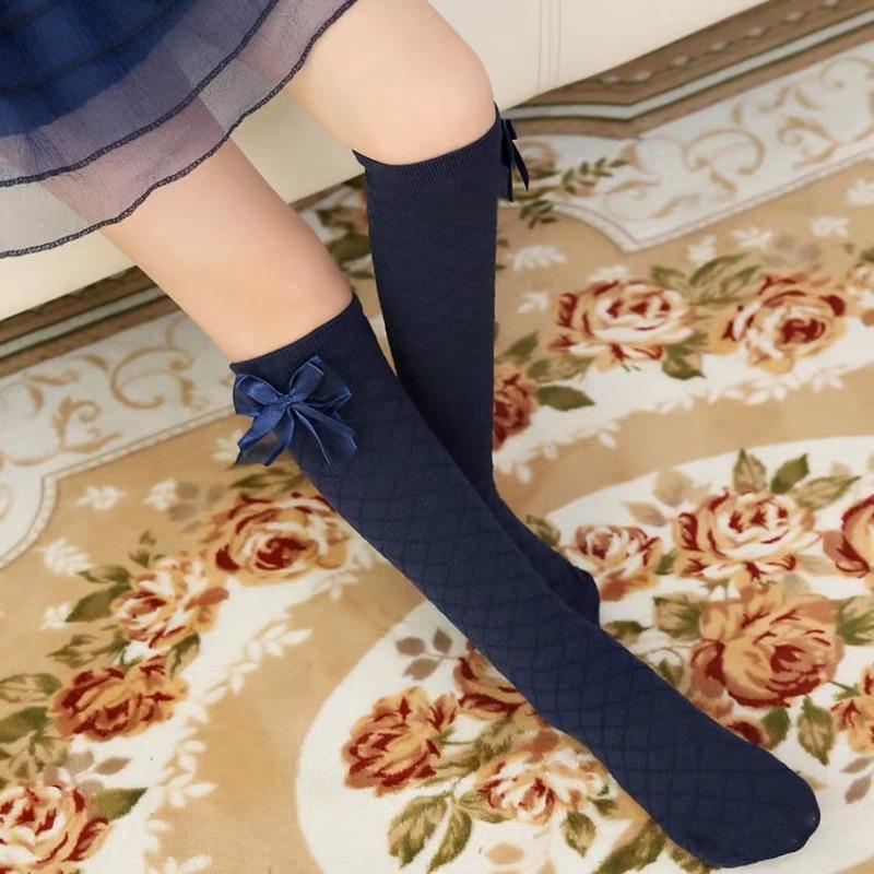 

Гольфы для девочек, детские гольфы, хлопковые длинные носки с бантом, для малышей, маленьких принцесс, популярные высокие носки для телят 35cm темно-синий