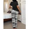 Retro Color Block Plaid Pajama Set: Women's Short Sleeve Round Neck Top & Long Pants, Comfortable Spring/Summer Home Wear