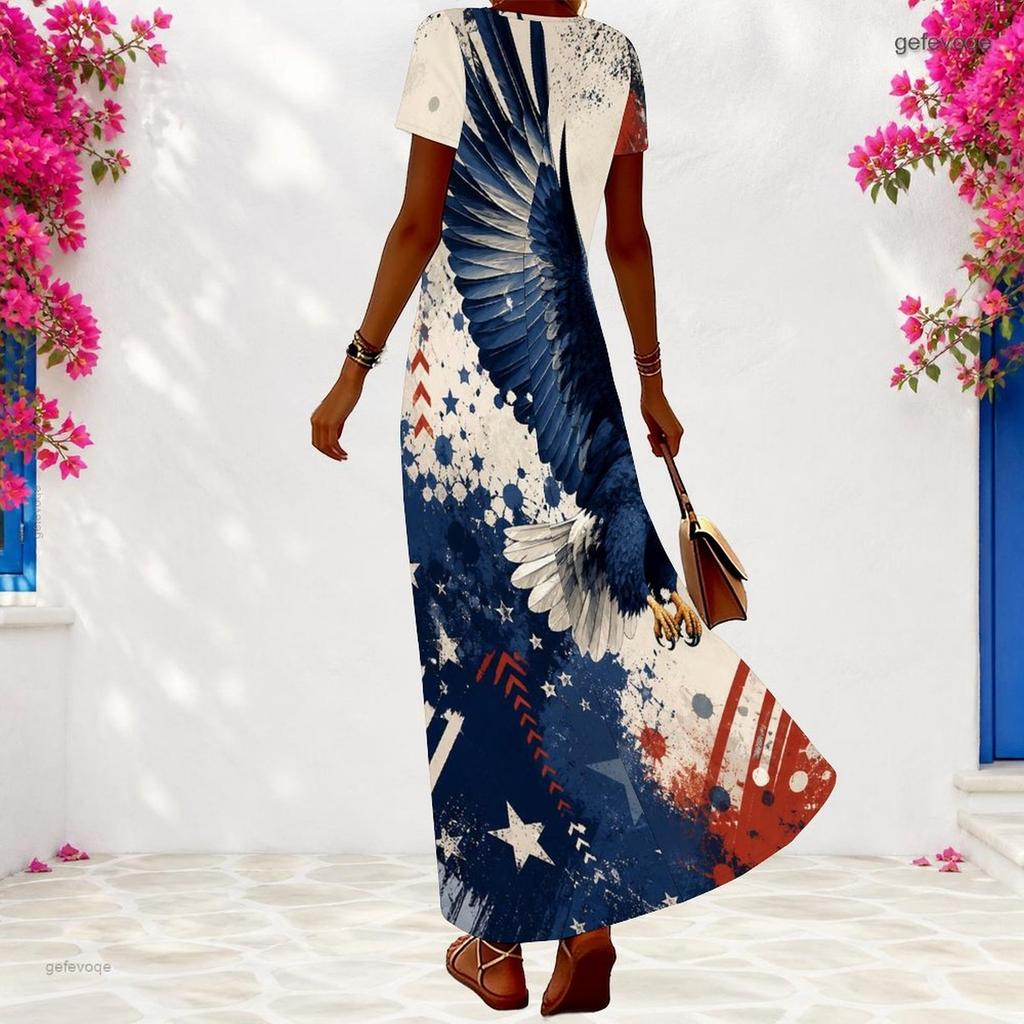 Women Plus Size V Neck Short Sleeve Firework Printed Navy Blue Long Dress