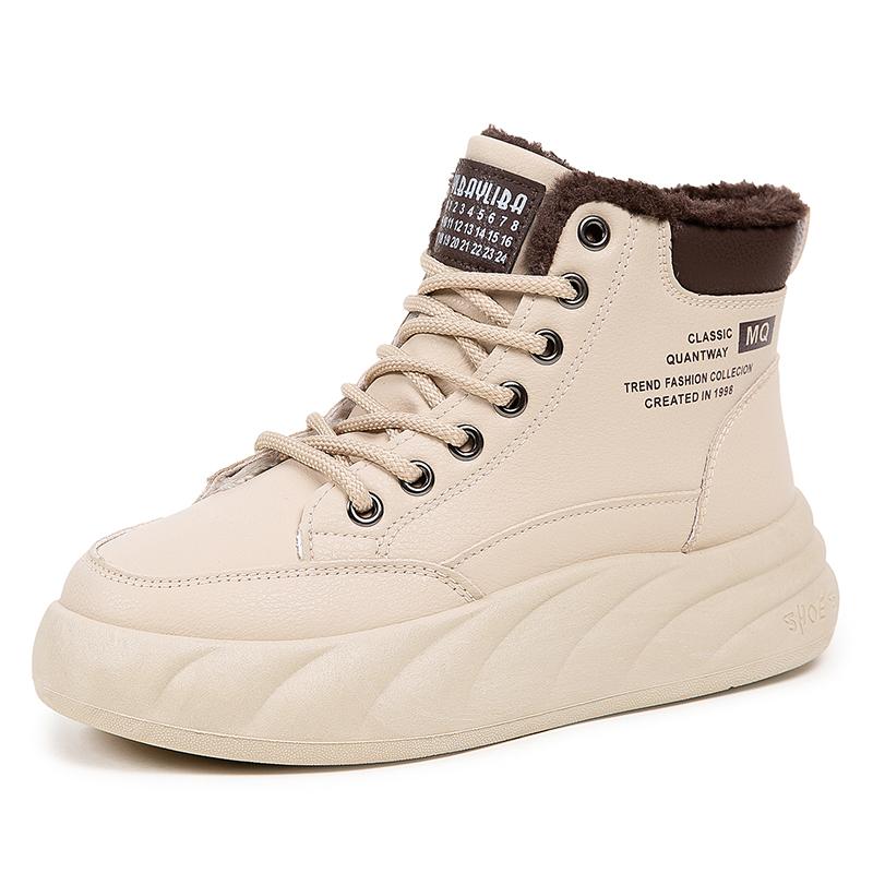 Women's White Chunky-Sole Sneakers High-Top Fleece-Lined Slip-Resistant All-Weather Warm Boots Durable Casual Style