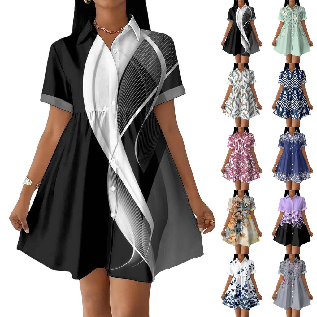 Casual Loose Fit Shirt Dress with Button Front and Stand Collar Short Sleeve Lightweight Summer Dress for Women