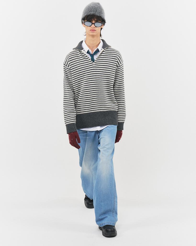 Beullusseonpeullawo Merino Wool Striped Half Knit Zip-Up - Gray