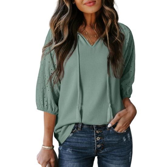 Women T-shirt V-Neck Jacquard Decor 3/4 Sleeves Pullover Tops Solid Color Loose Fit Tops Party Daily Wear