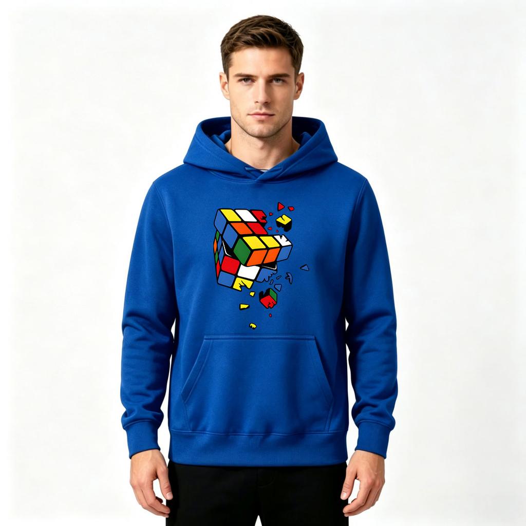 Men's Casual Pullover Hoodie, Shattered Magic Cube Graphic Print Long Sleeve Hooded Sweatshirt for Daily Wear
