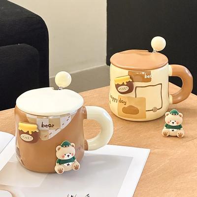 Söt Björn Förtjockad Keramisk Mugg med Lock och Sked Kaffekopp Födelsedagspresent Mugg Hemma Par Mjölk Kaffekopp