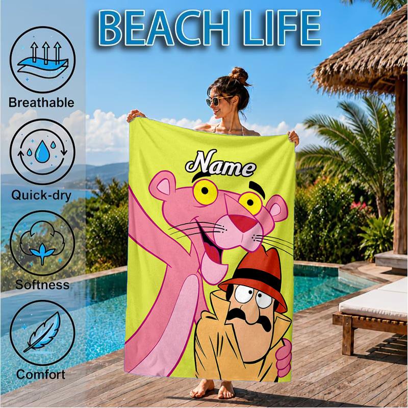 Benutzerdefinierter Name Pink-Panther Herz Im Weltraum Abenteuer Mikrofaser Strandtuch, Leicht für Sommerreisen, Schwimmbad Fan Geschenk