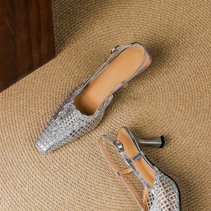 French niche design sense woven square head hollow bag head sandals women's skirt summer green vacation sandals