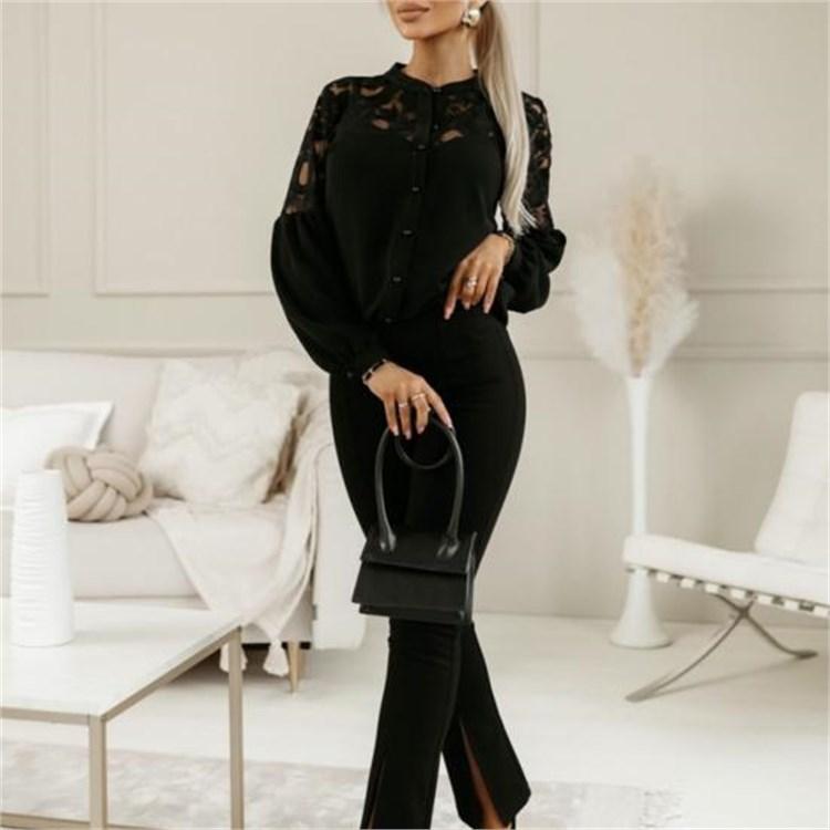 Women Fall Spring Shirt See Through Mesh Flower Embroidery Stand Collar Solid Color Long Sleeve Soft Single Breasted Lady Commute Blouse