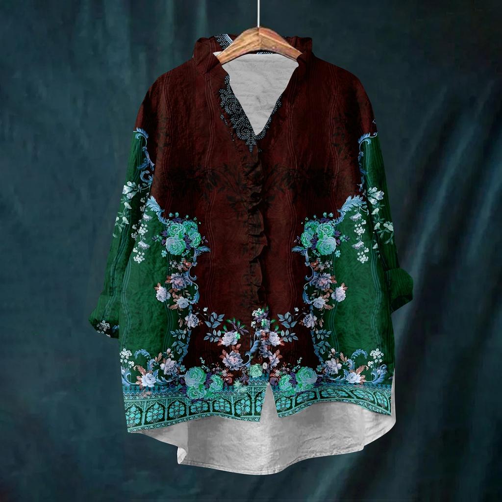 Damen Locker Rüschen Floralprint Stehkragen Langarm Baumwolle und Leinen Top