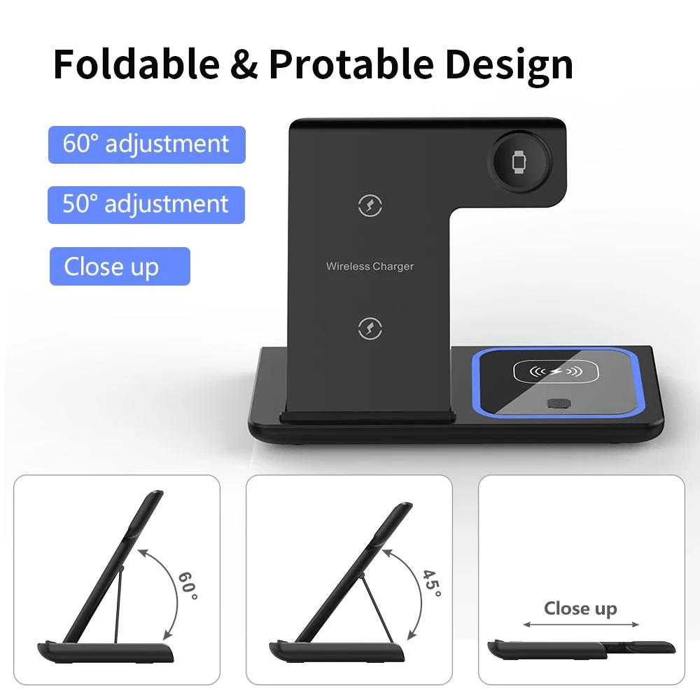 3-in-1 30W Wireless Fast Charger Stand With LED Light Foldable Charging Station For Phone Watch Pods Android