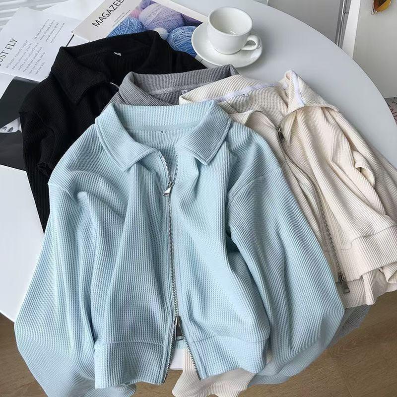 Cotton waffle short coat women's autumn new loose design double zipper top casual cardigan trend