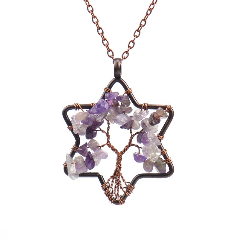 Handmade Wire Wrapped Six-Pointed Star Tree of Life Necklace with Natural Crushed Stone Crystal Beads