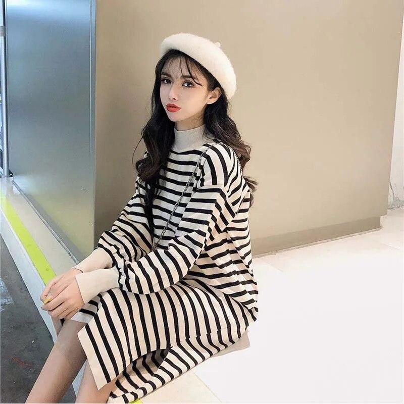 Rolák Pletené šaty Pruhované Dámské Svetr Dlouhý rukáv Volný Rozdělený Spodní Šaty Dojíždění Harajuku Podzim Zima