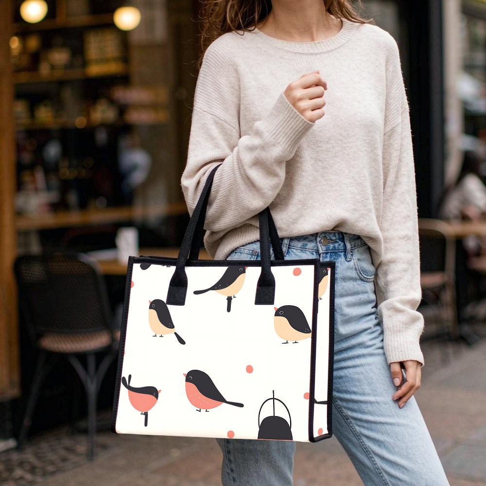 Cute Bird Printed Canvas Tote Bag Fashionable Casual Large Capacity Daily Shoulder Handbag for Women