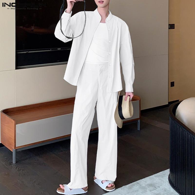 INCERUN Two Piece Suit Men Stand Neck Long Sleeve Shirts Trousers Casual Sets