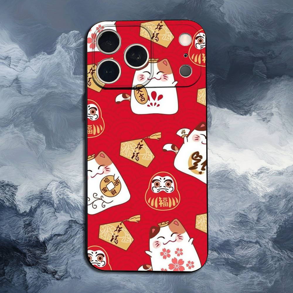 Cartoon Lucky Cat Phone For iPhone 13,12,15,14,11,16,17,Plus,Pro Max,XS,X,XR,SE,Mini,8,7,Soft Silicone Black
