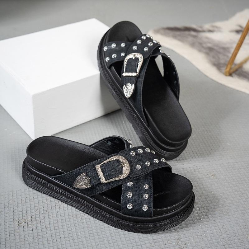 New buckle cool slippers beach rivet slippers cross summer fashion casual outerwear women's thick bottom