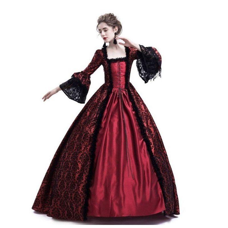 S-5Xl Large Size High-End Court Dress with Lace Splicing and Large Hem Skirt, Vintage Medieval Renaissance Dress