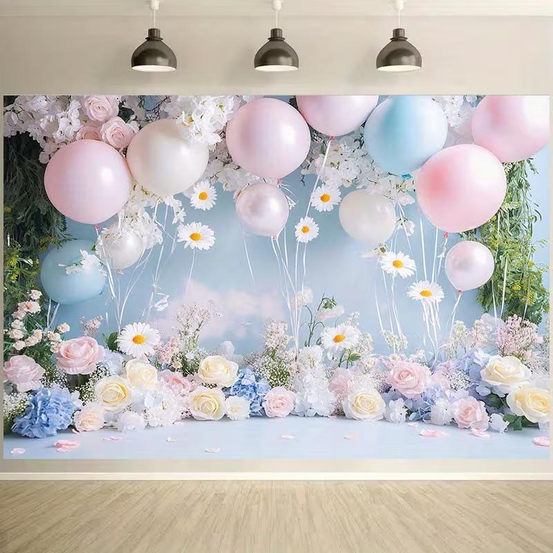 Romantic Pastel Balloon and Flower Backdrop Pink Blue Themed Background Banner for Girls