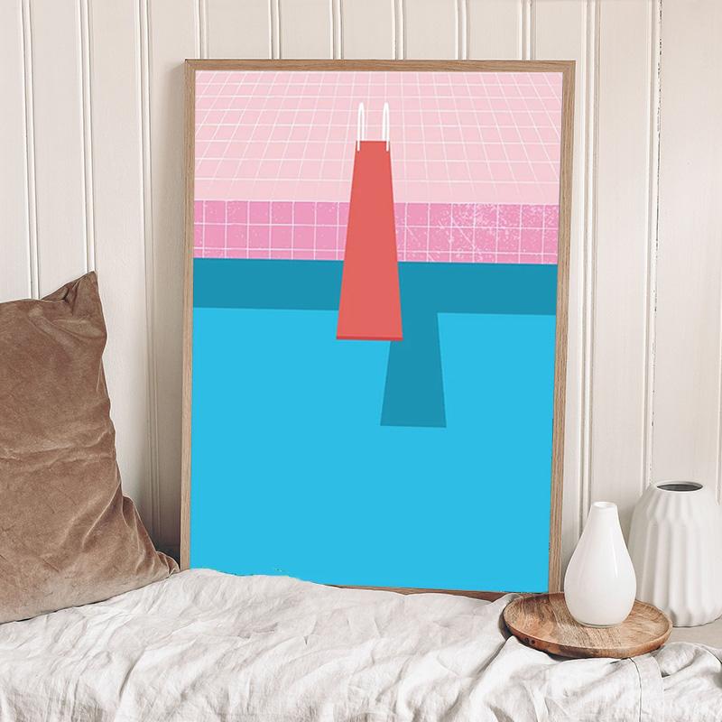 Nordisk Blå Simbassängfest Konst Affisch Tryck Kvinna Fritidsliv Semester Dykning Canvas Målning Mural Badrum Sim Heminredning
