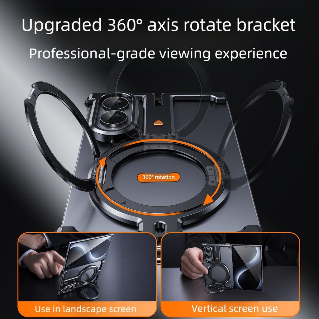 Metal Bumper Case for Samsung Galaxy Z Fold 8 with 360° Rotating Magnetic Ring Stand Frameless Shells Slim Shockproof Cover