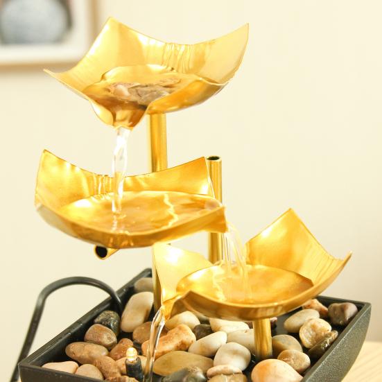 Gold Tabletop Water Fountain 3 Tier Lotus Indoor Desktop Fountain Ornament with Light Small Decorative Waterfall Fountain for Home Bathroom