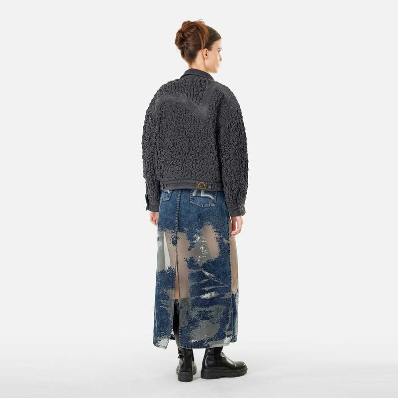 Evisu 2024 Autumn Winter Seagull Embroidery And Distressed Details Denim Long Skirt Women skirts Denim-Blue 2EAHTW4KL4024FFDN