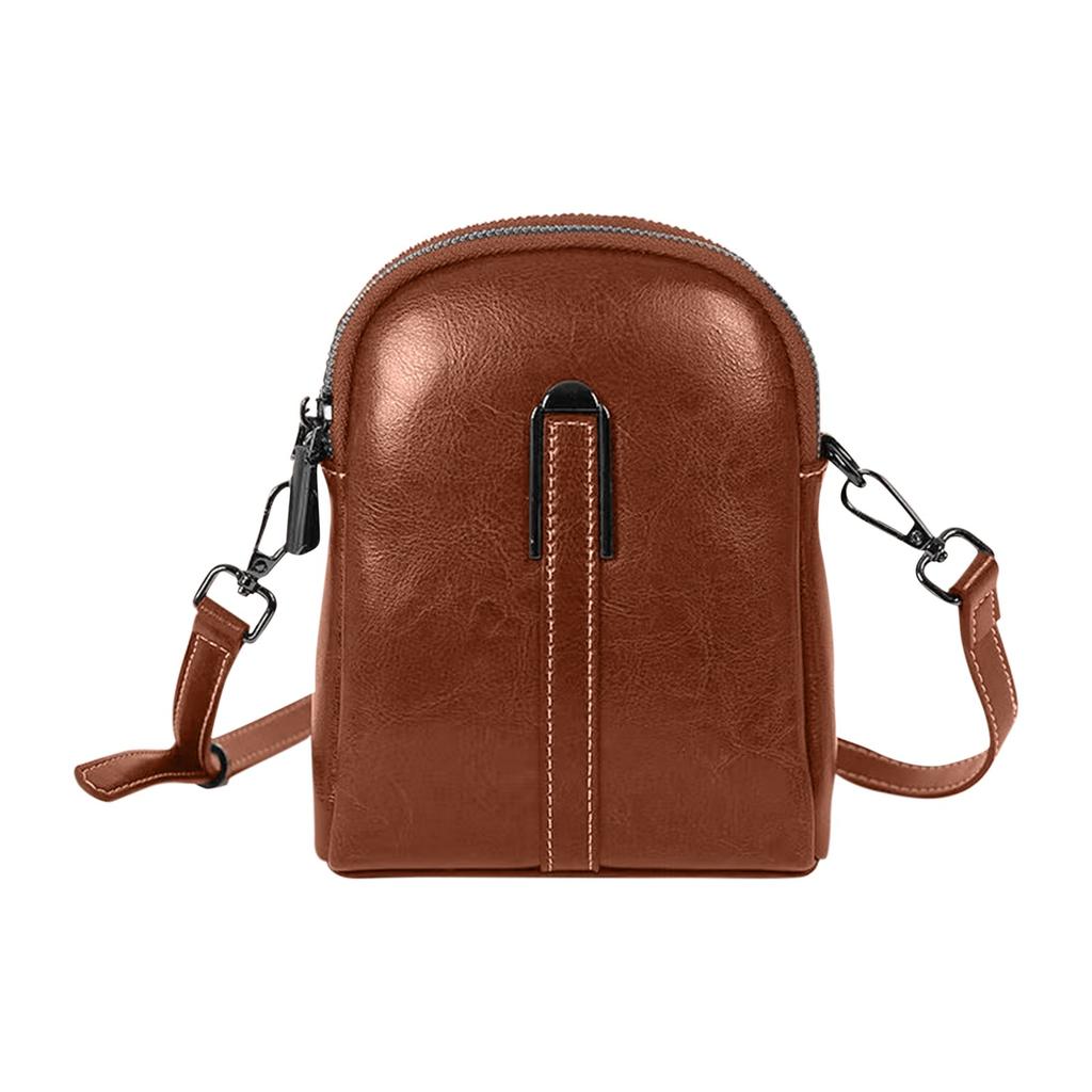 Vintage Waxed Cowhide Double Zipper Crossbody Leather Mobile Phone Bag