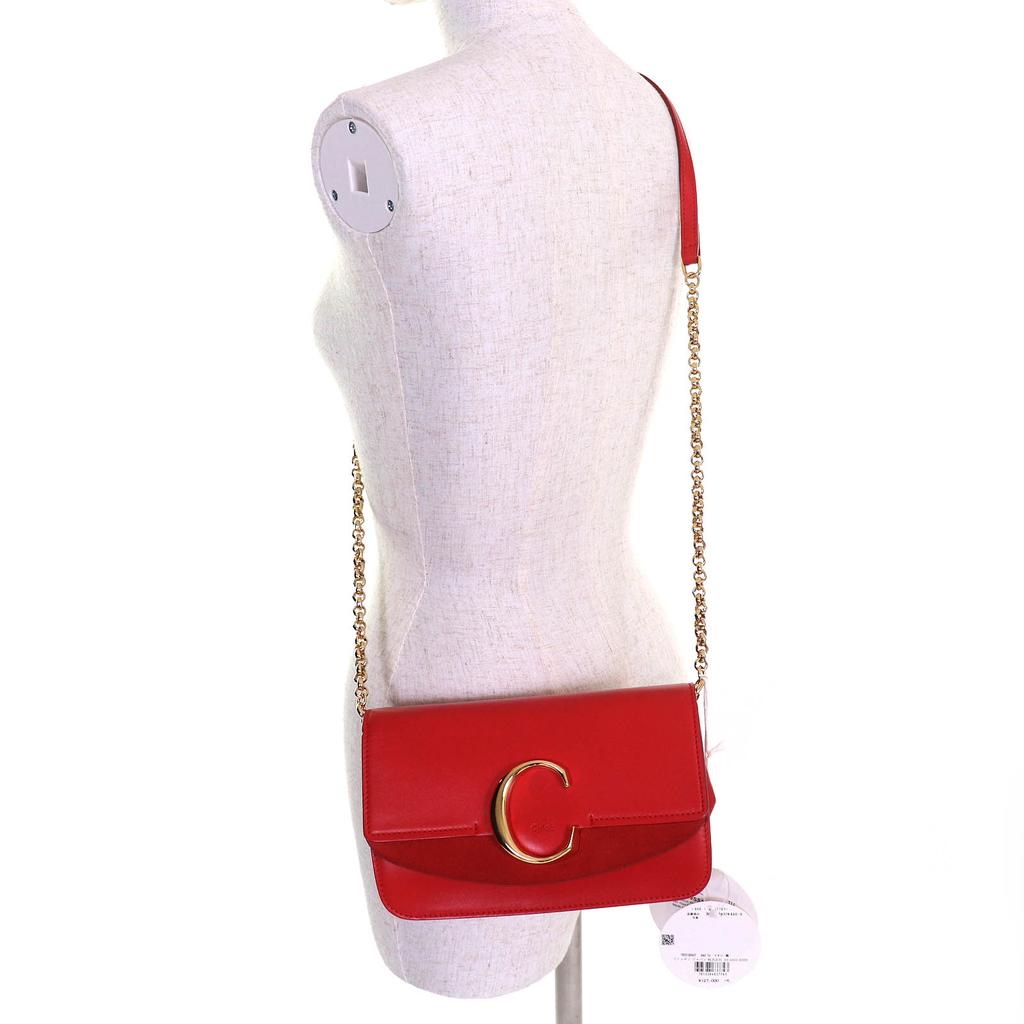 Excellent Chloe Shoulder Bag Chloe C logo suede leather chain Red Cowhide CHC19SS192A37640 Used