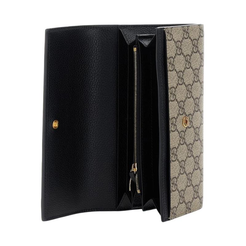 Gucci GG Marmont Brand Logo Print, Compact Continental Style Archival Double G Logo, Leather and GG Supreme Canvas Wallet, Women's, Brown and Black