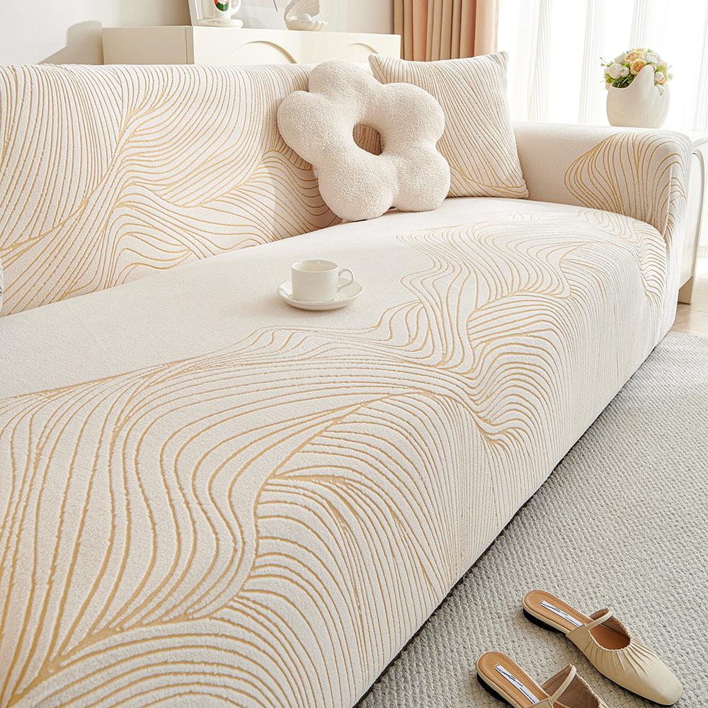 Striped Jacquard Velvet Cream Elastic Sofa Cover Universal Anti Cat Scratch Sofa Cover All Inclusive Universal Set Autumn and Winter Cover Fabric