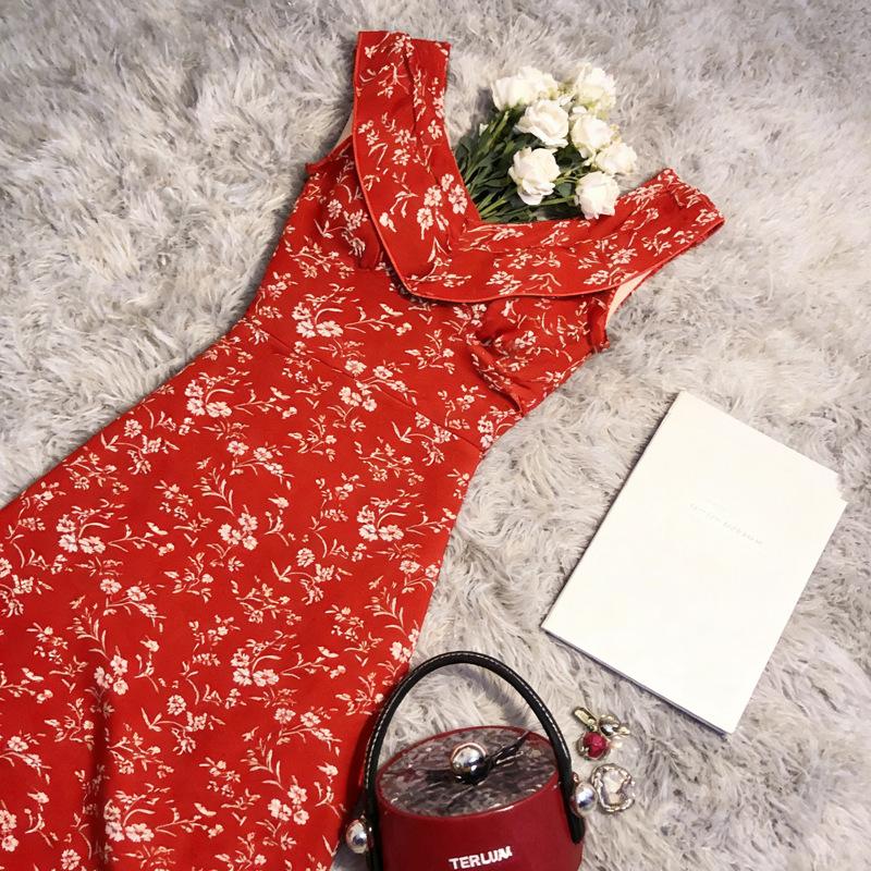 Suspender dress design sense Muse Fan retro floral hip-wrapped long dress temperament super fairy red sleeveless ruffle edge