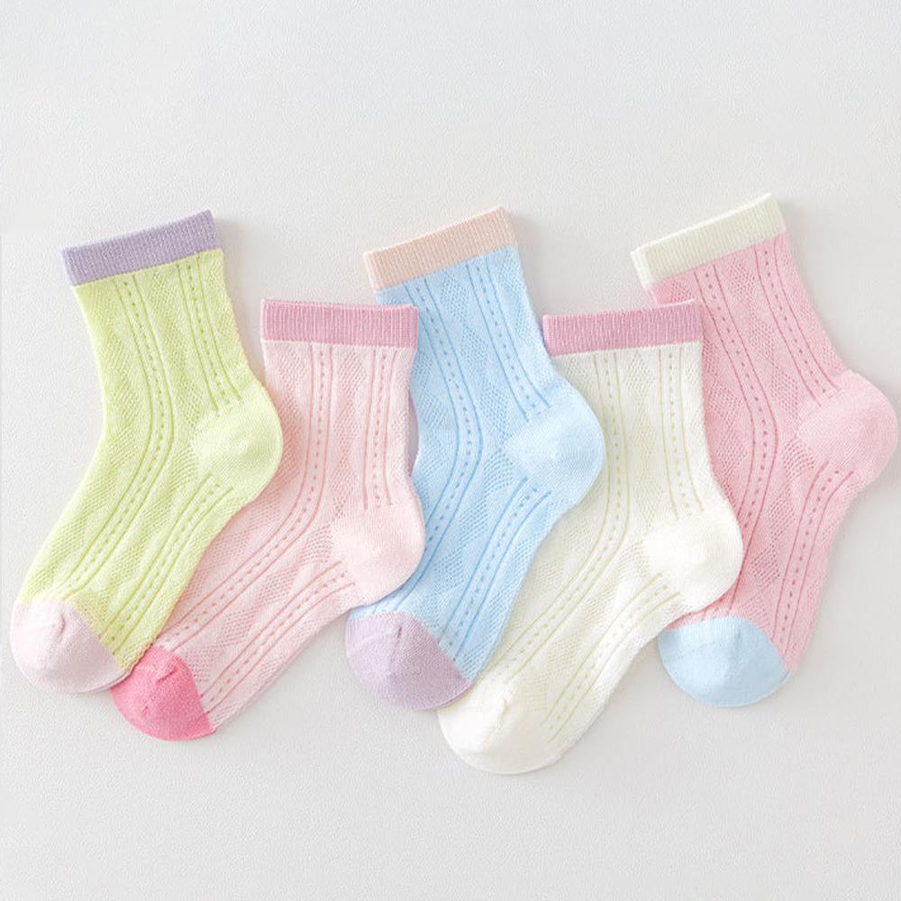 5 Pairs Girls Summer Mesh Breathable Cotton Socks Cute Candy Hollow Out Mid Calf Children Casual Socks