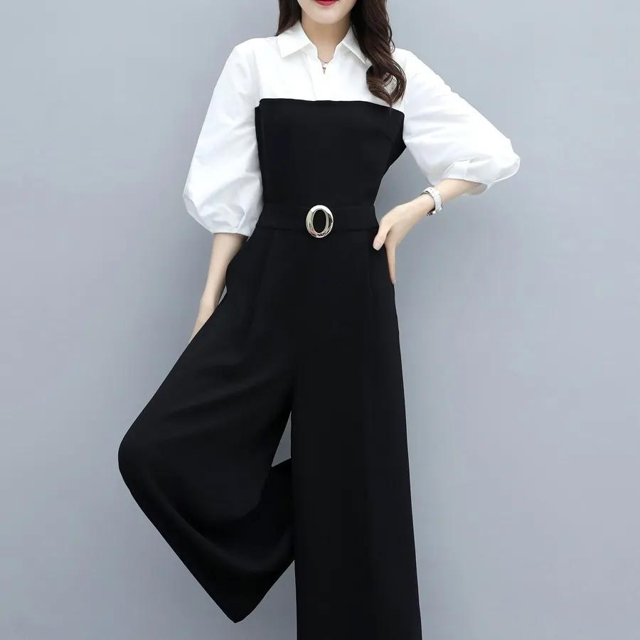 Spring and Summer Black Jumpsuit Women's Korean Casual Temperament Wide-leg Jumpsuit Shirt One-piece Suit