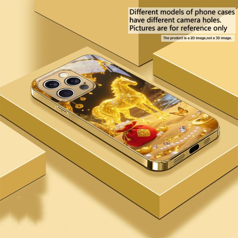 The Golden Fighting Horse For IPhone 16 17Pro Max 15 P ro 14 13 Plus 12 Mini 11Pro Max XR 16E 17 Air Golden glass phone case