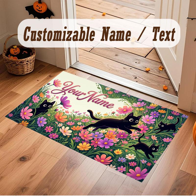 Cat Theme Crystal Velvet Floor Rug Personalized Custom Name Text Warm Carpet Home Decoration