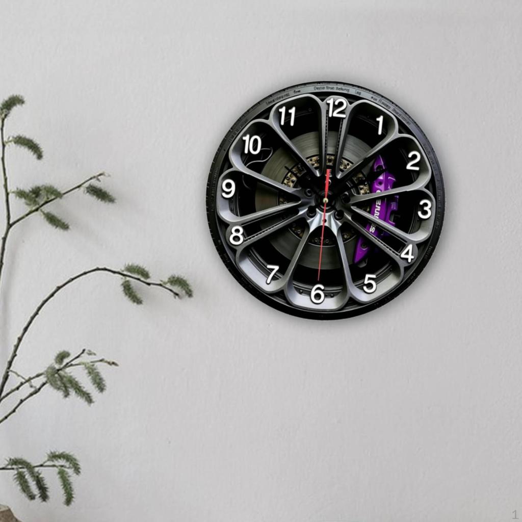 2D Car Wheel Hub Wall Clock Decor No Ticking Round for Cafe Bar Office Automotive Shop Living