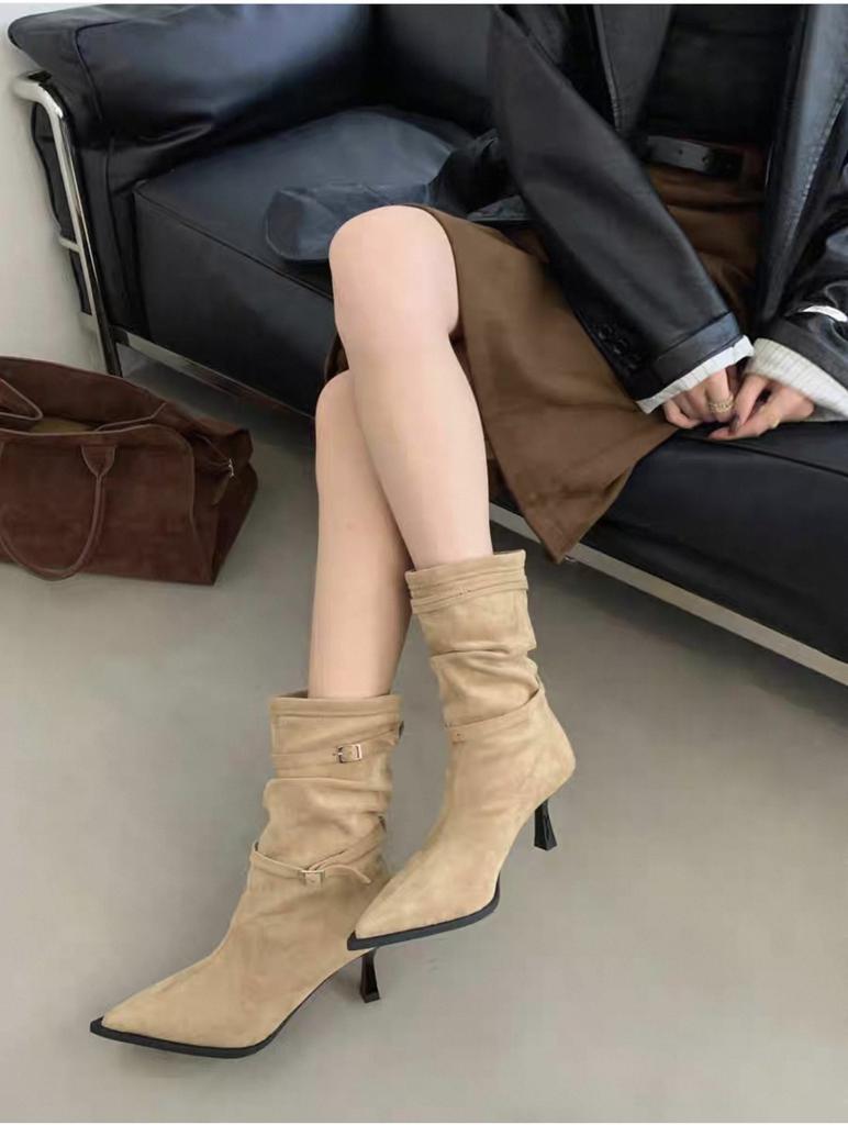 2025 autumn and winter new fashion versatile pointed heel suede French high heel thin short boots women's buckle belt