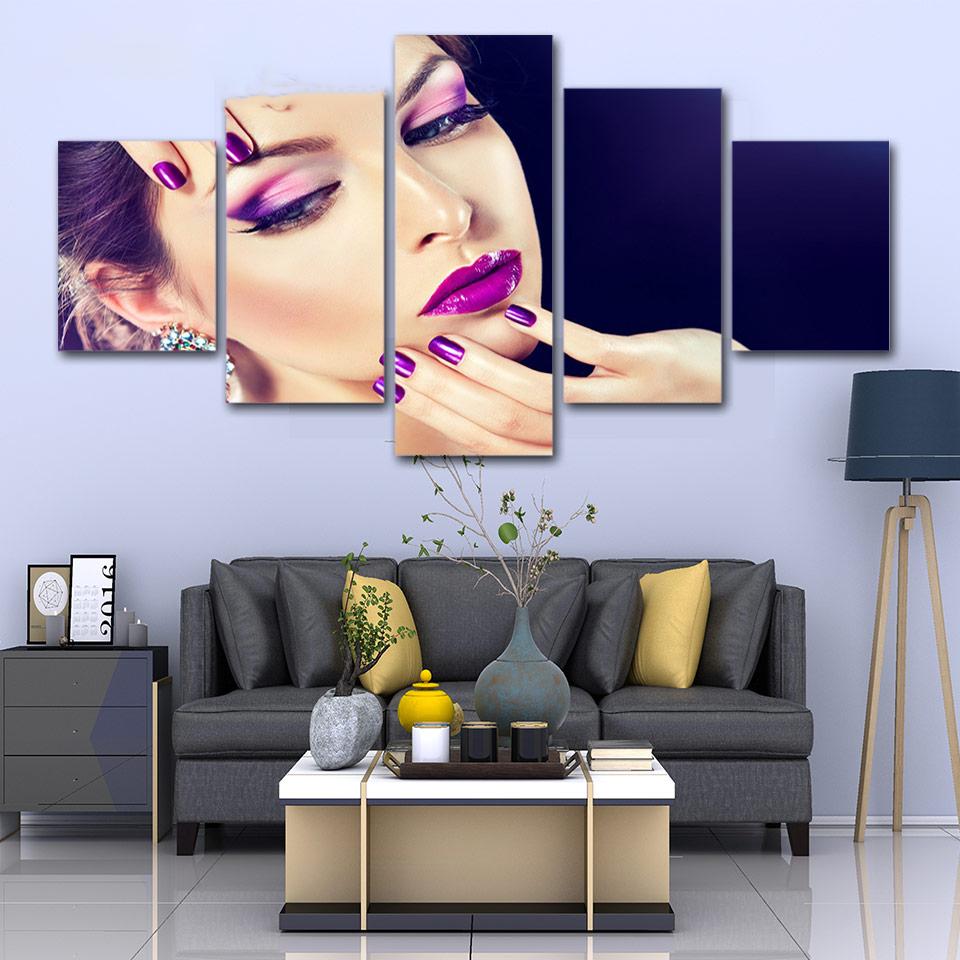 5 Pieces Modular African Woman Sexy Lips Nail Salon Canvas Painting Figure Posters and Prints Wall Art Home Decor No Frame