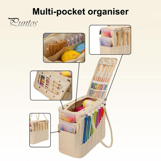 Canvas Yarn Storage Bag Solid Knitting Bag Handle Design Lightweight Portable Large Capacity Tote Organizer with Multi-layer Pockets