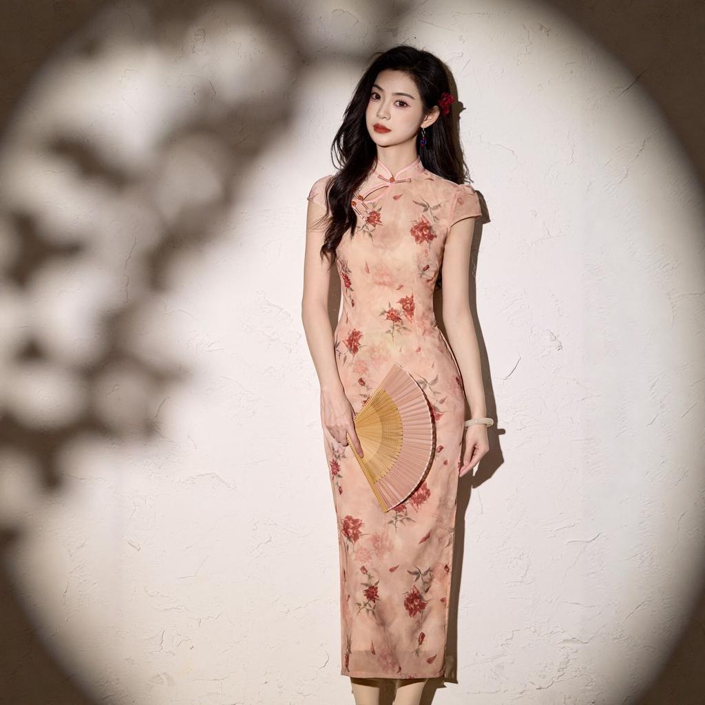 New Chinese-style improved cheongsam women's 1011 spring new pink flower slim-fit long daily wear retro dress