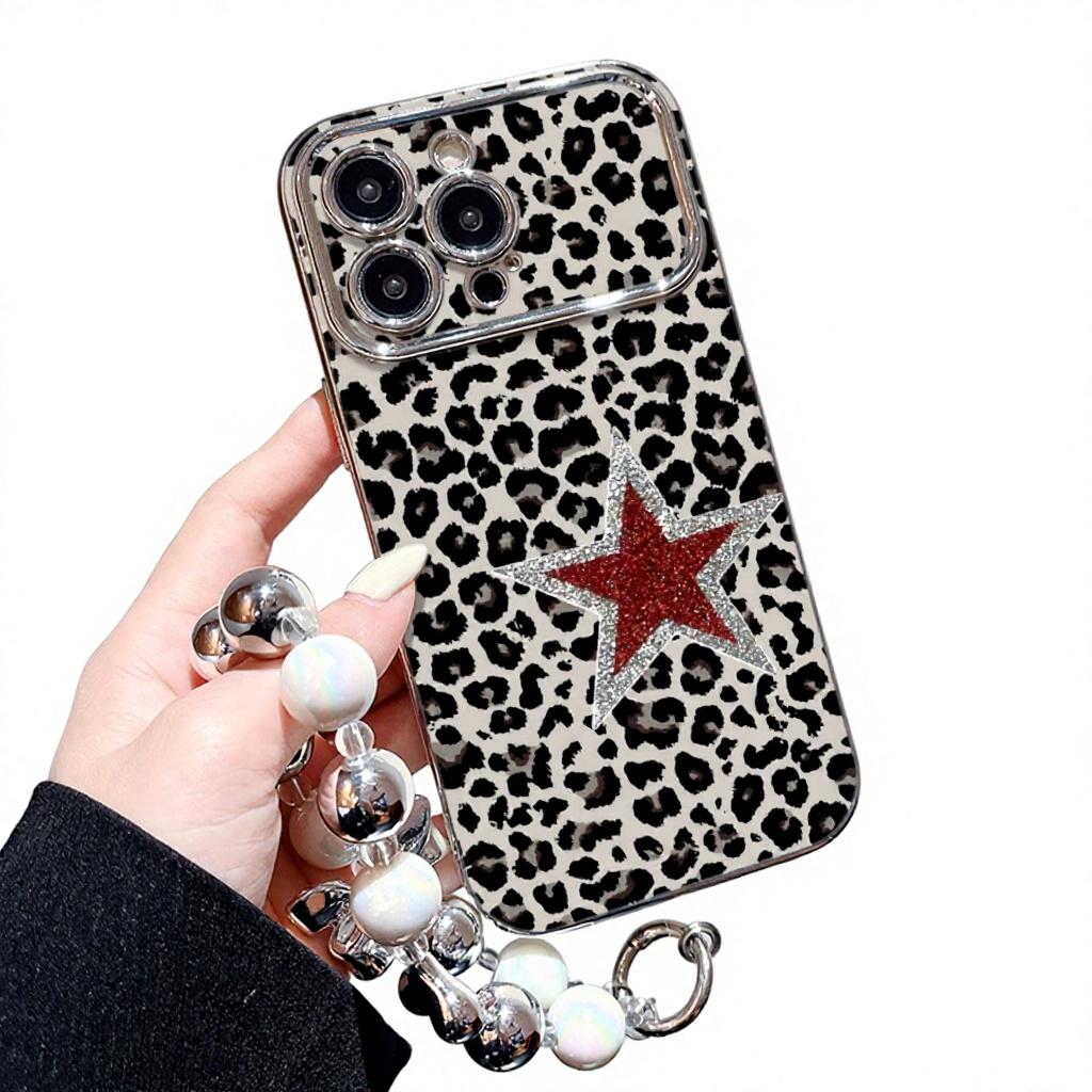 For 16 Glitter Pink Red Star Leopard Print Premium TPU Shockproof Phone Case for 17 Beaded Strap Hanging Chain Case