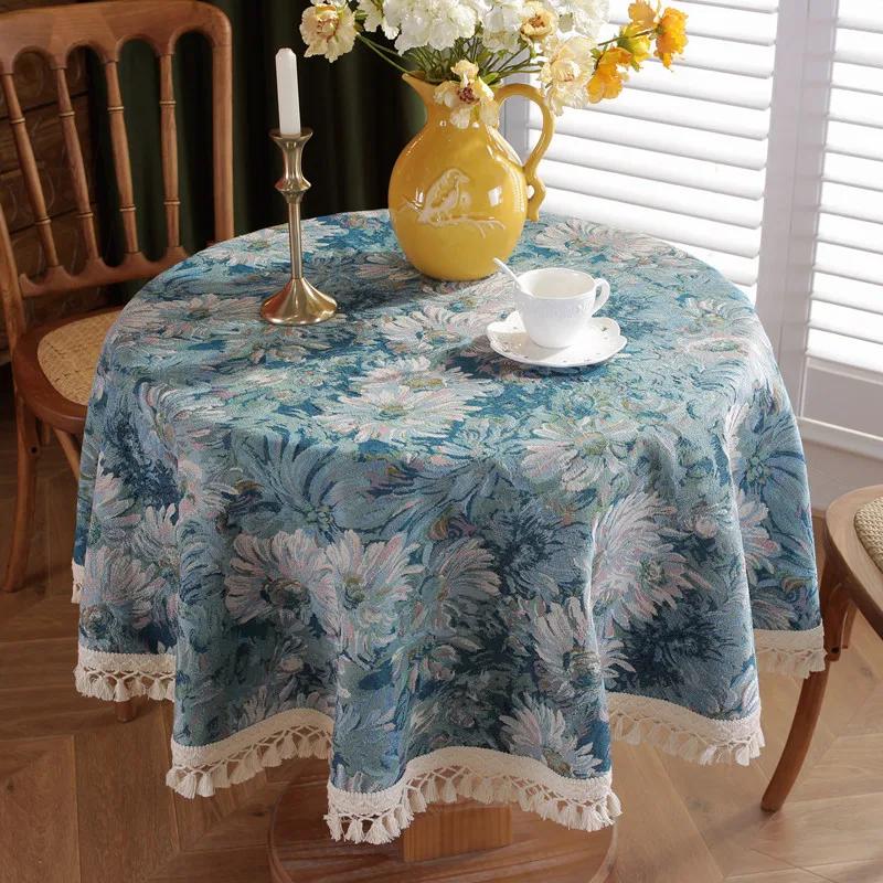 Floral Linen Cotton Tablecloth With Tassel Blue Retro Table Table Cover Round Dining Table Cover Tea Cloth Desktop Decoratio