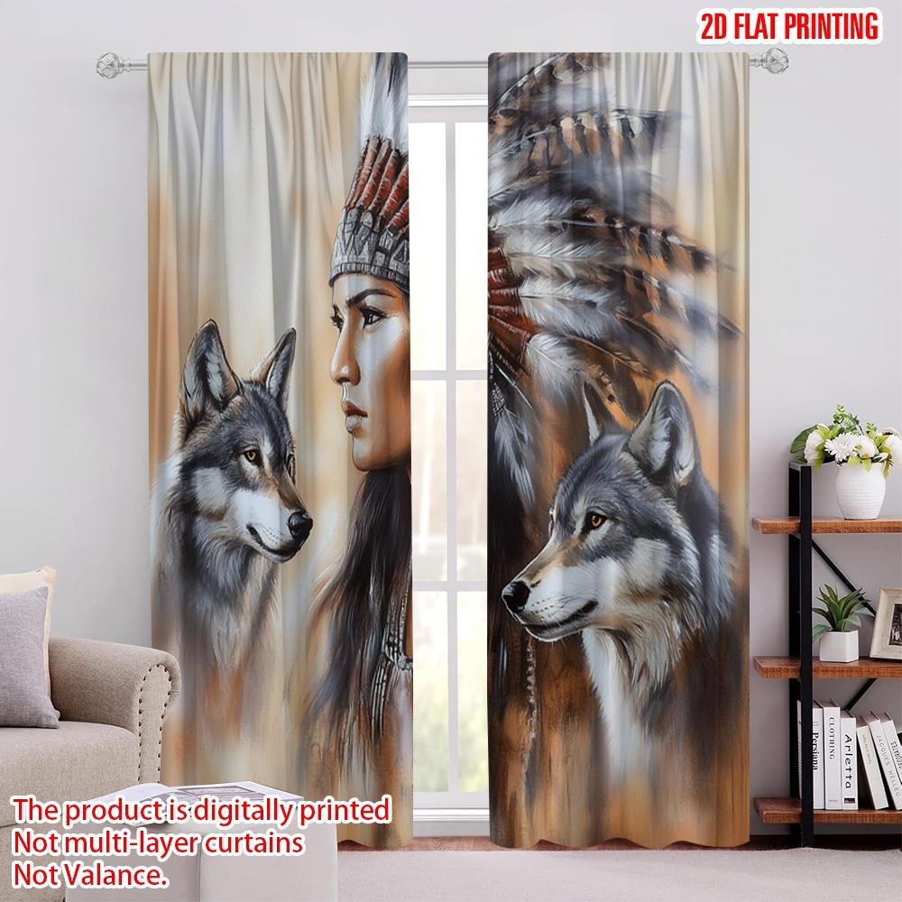 

Flat Printingcolorful Curtain Blur Mystic Young Native Man Feather Wolves Suitable Living Room Bedroom Kitchen Set Of 2 Made Polyester Washable W100*H70(CM)-Hooks&1PCS