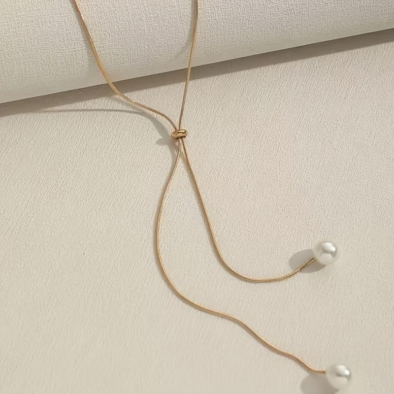 Long Pull Adjustable Pearl Necklace Alloy Jewelry Bohemian Elegant Style for Women Winter Sweater Chain