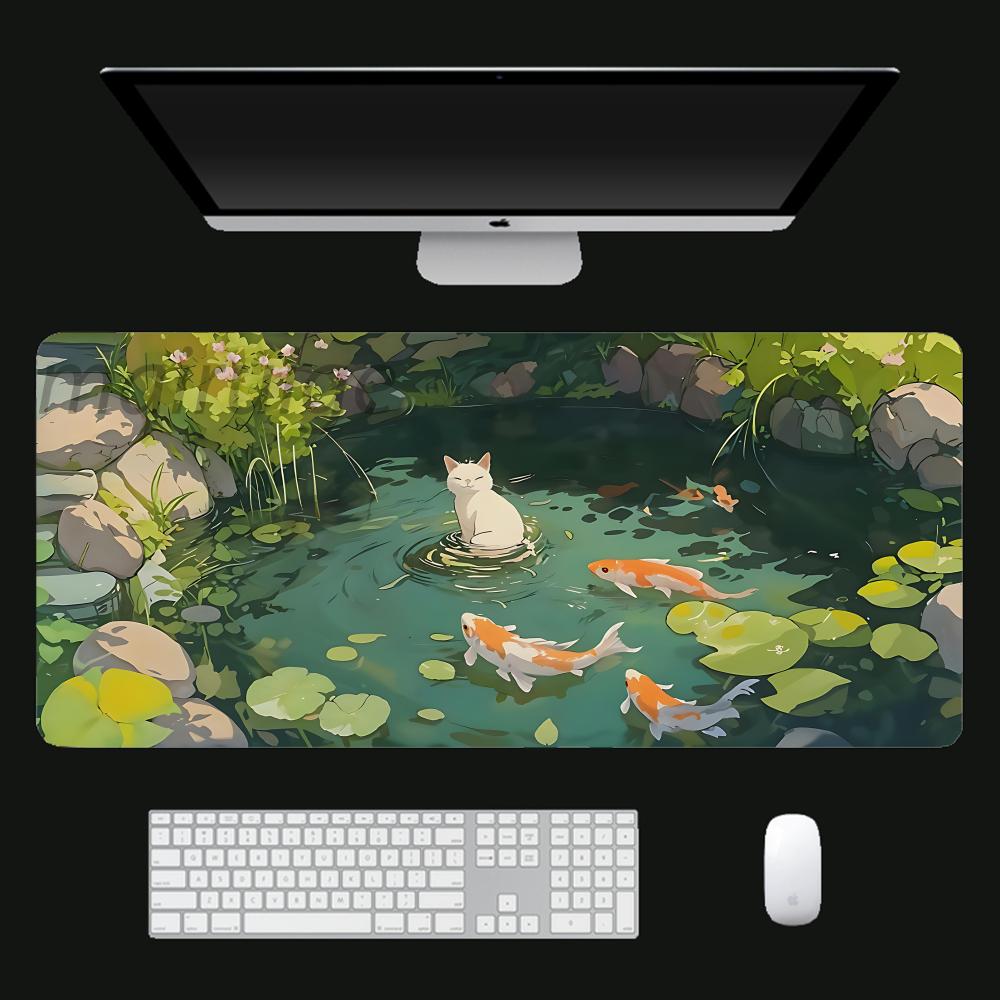 White Cat and Fish Mouse Pad Large Computer Office Game Table Mat XXL Rubber Antislip Stitch Edge Keyboard Mats Long Desk Pads