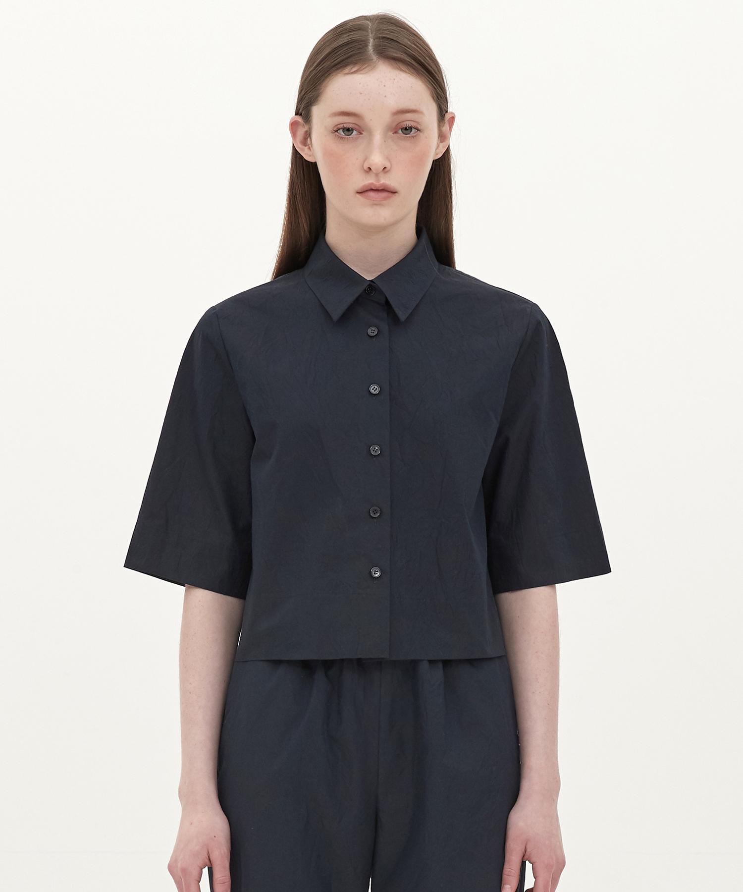 Jun By Jun K Crease Cotton Crop Shirt_Navy S